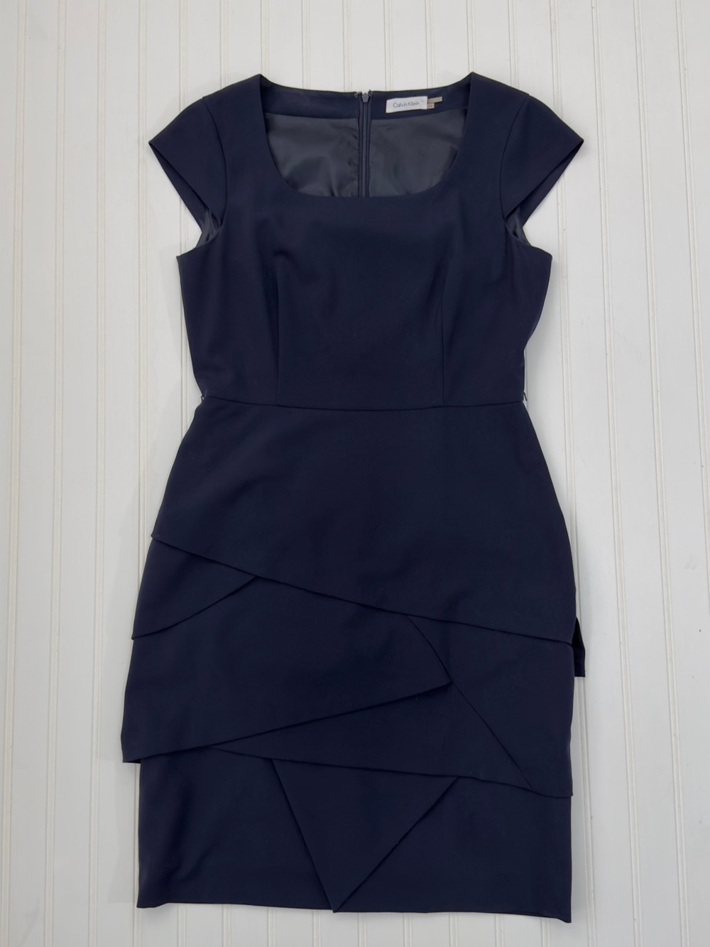 Calvin Klein Navy Blue Tiered Asymmetrical Ruffle Sheath Dress Cap Sleeve Sz 10